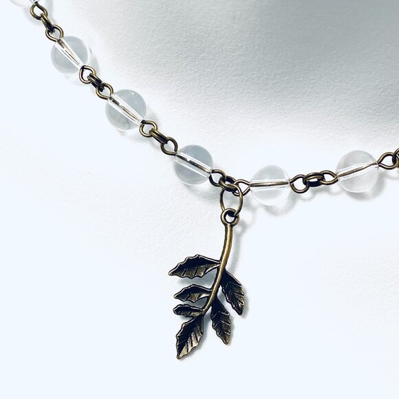 Genuine Clear Quartz Short Necklace, Bronze Leaf Branch + Natural Gemstone - Picture 1 of 16
